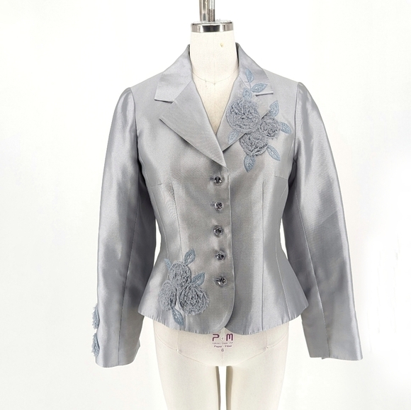 Terri Jones Satin Flower Applique Blazer Gray 4 evening cocktail party formal - Picture 1 of 7